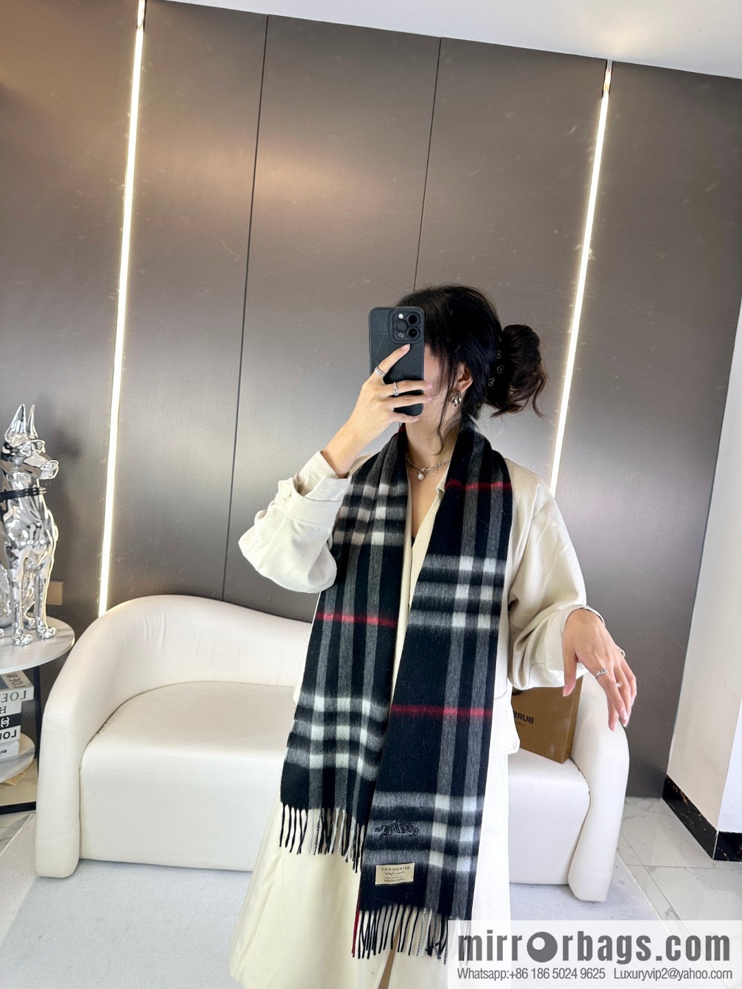 Burberry, embroidered war horse, cashmere checked scarf