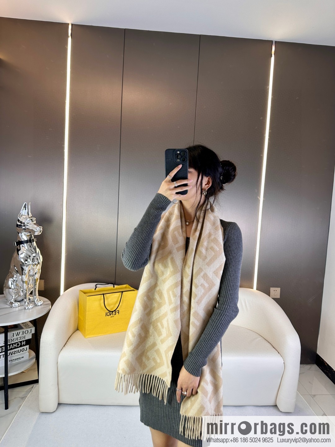 FENDI jacquard weave FF pattern, long fringed scarf