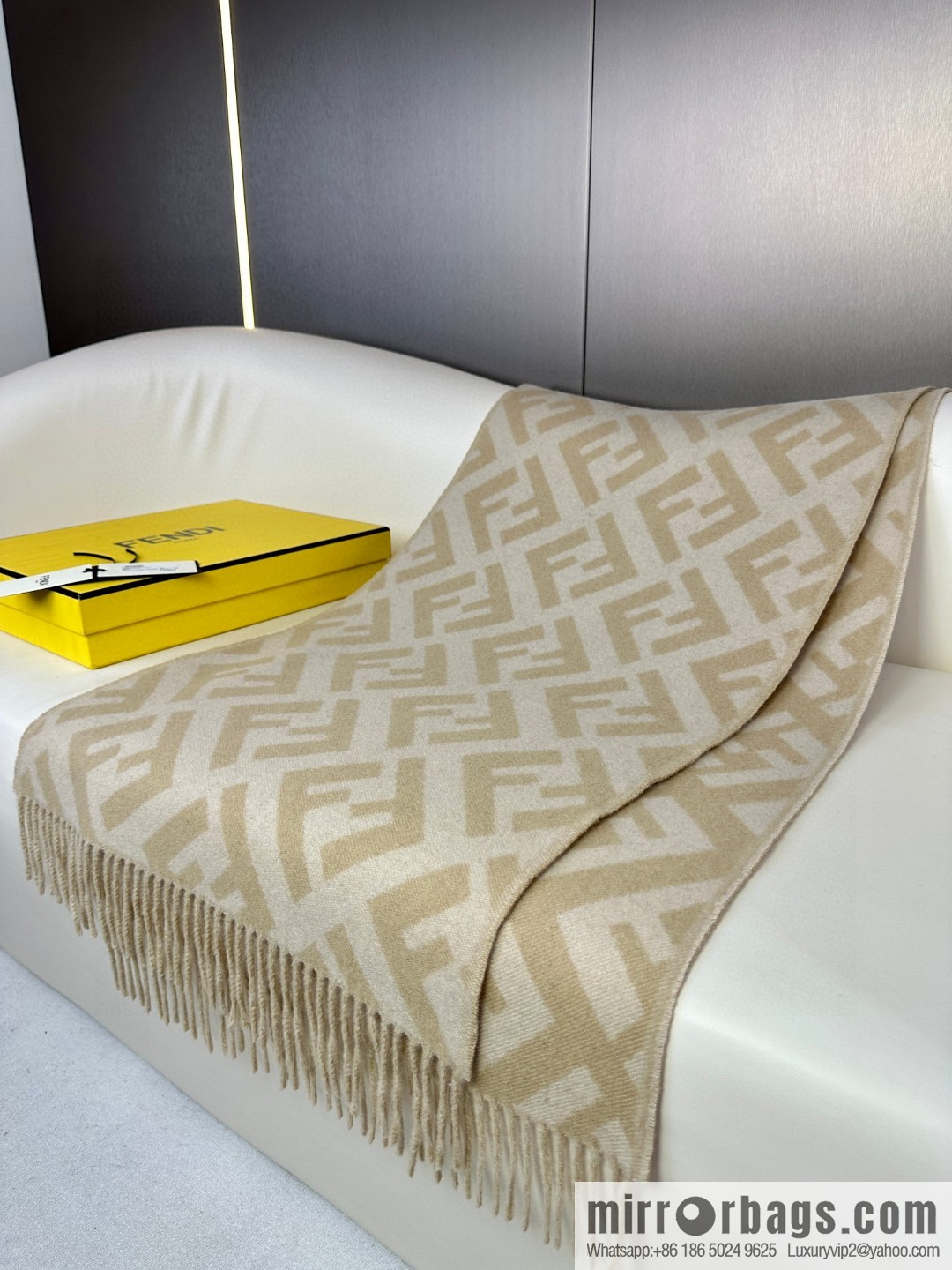 FENDI jacquard weave FF pattern, long fringed scarf