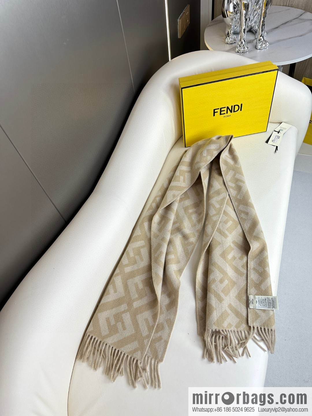 FENDI jacquard weave FF pattern, long fringed scarf