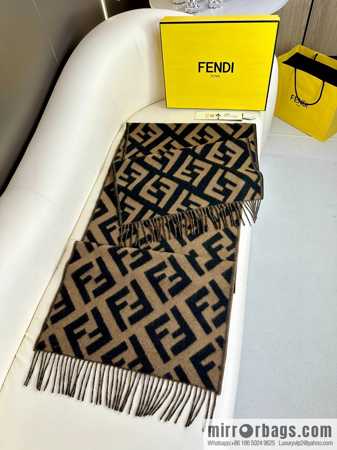 FENDI jacquard weave FF pattern, long fringed scarf