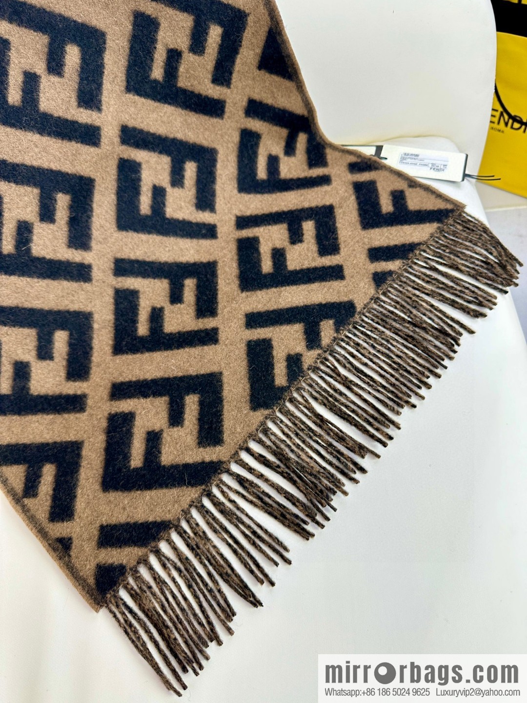 FENDI jacquard weave FF pattern, long fringed scarf
