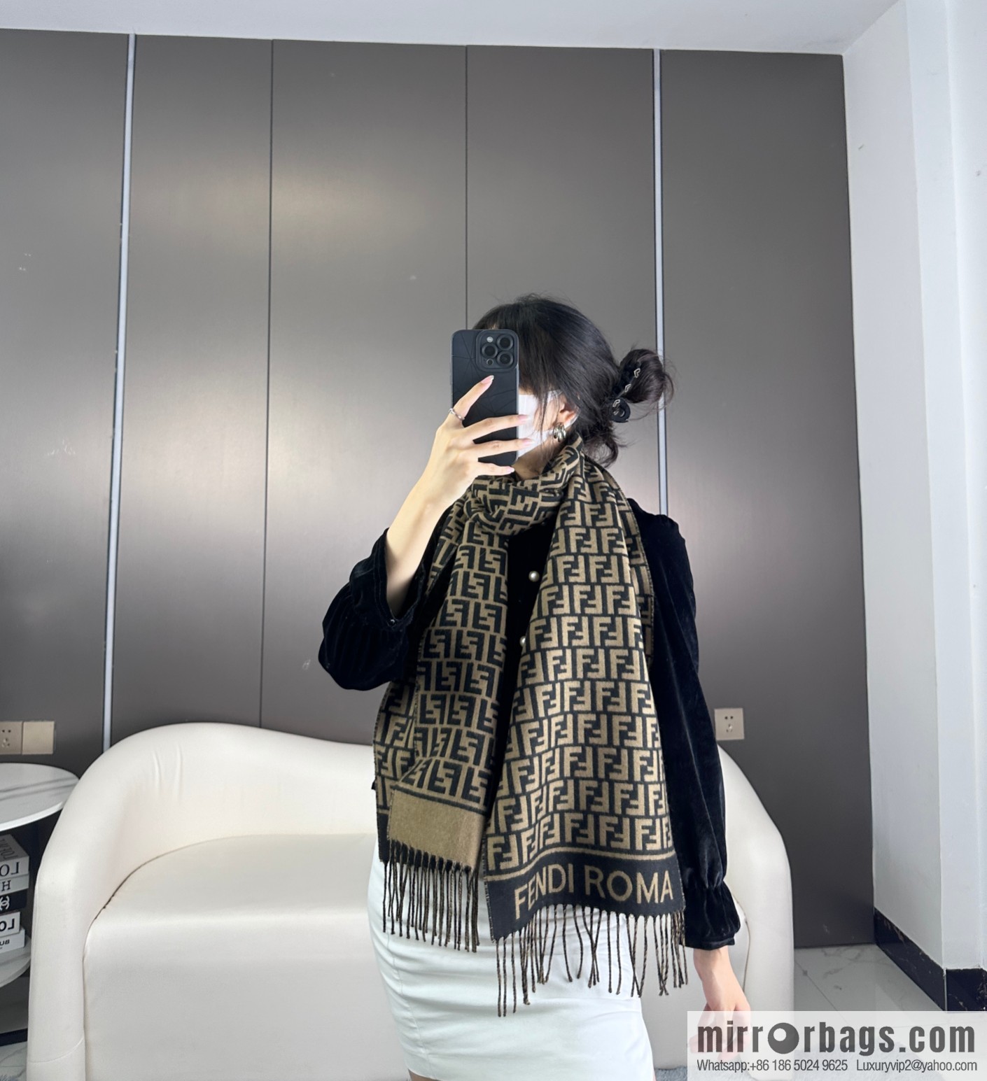 FENDI FF logo cashmere fringed long towel