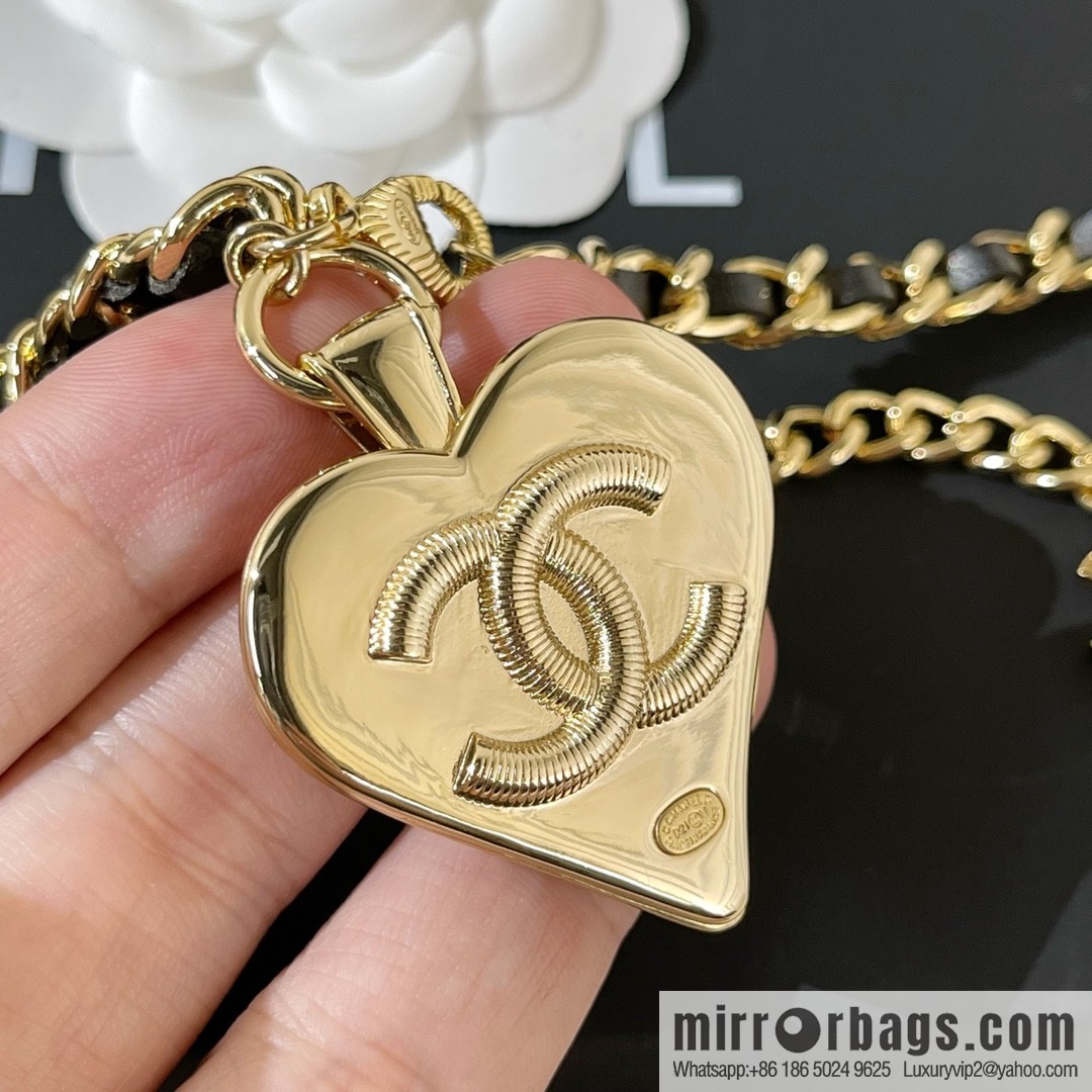 2021 new Chanel double c peach heart black leather rope waist chain belt