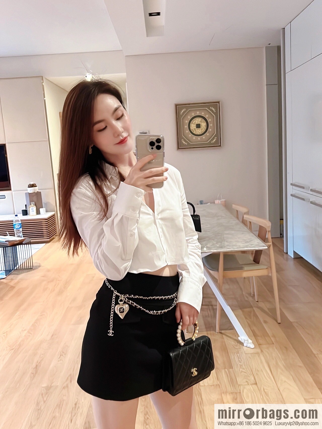 2021 new Chanel double c peach heart black leather rope waist chain belt