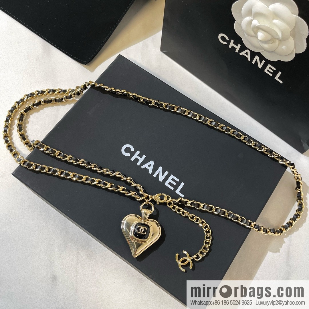2021 new Chanel double c peach heart black leather rope waist chain belt