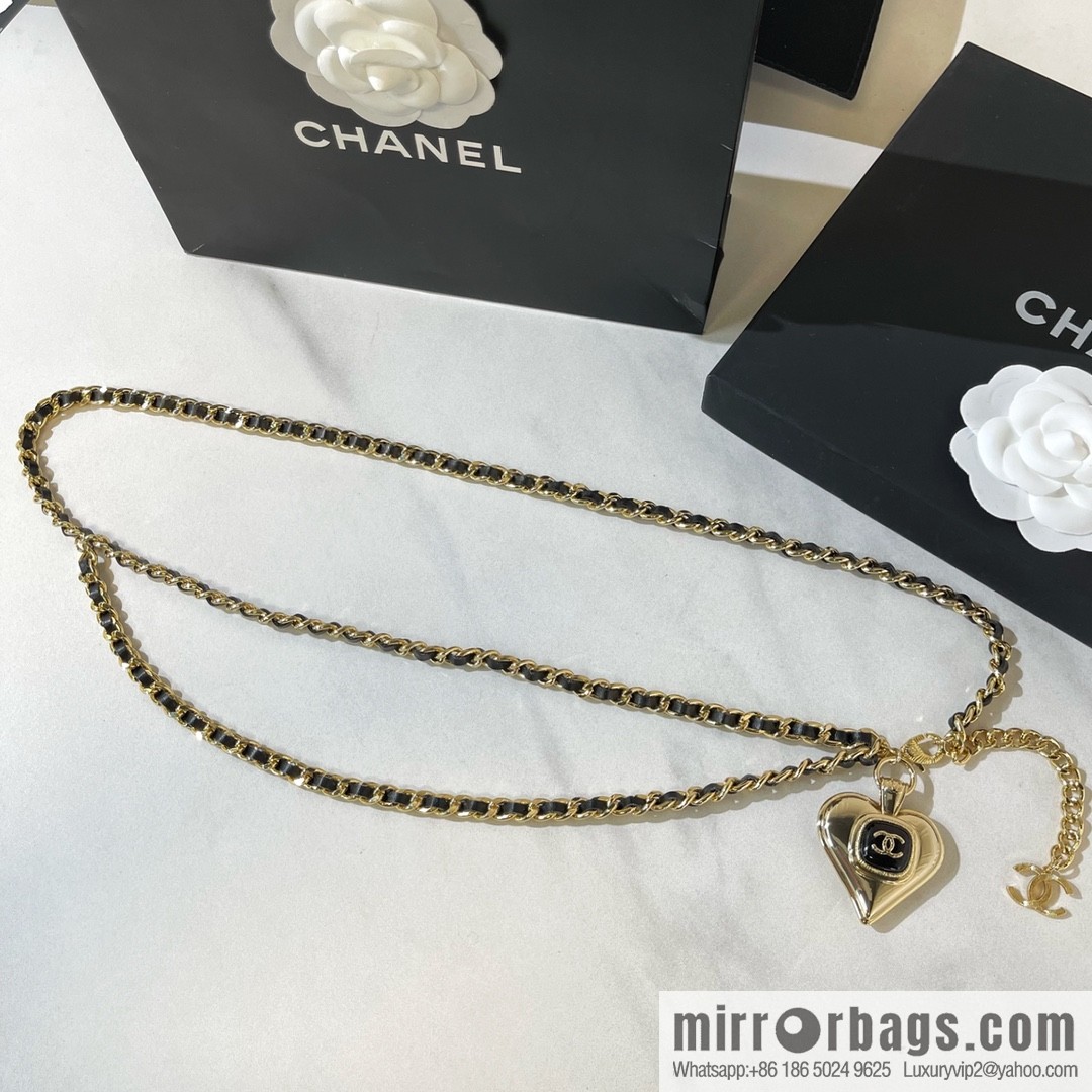 2021 new Chanel double c peach heart black leather rope waist chain belt