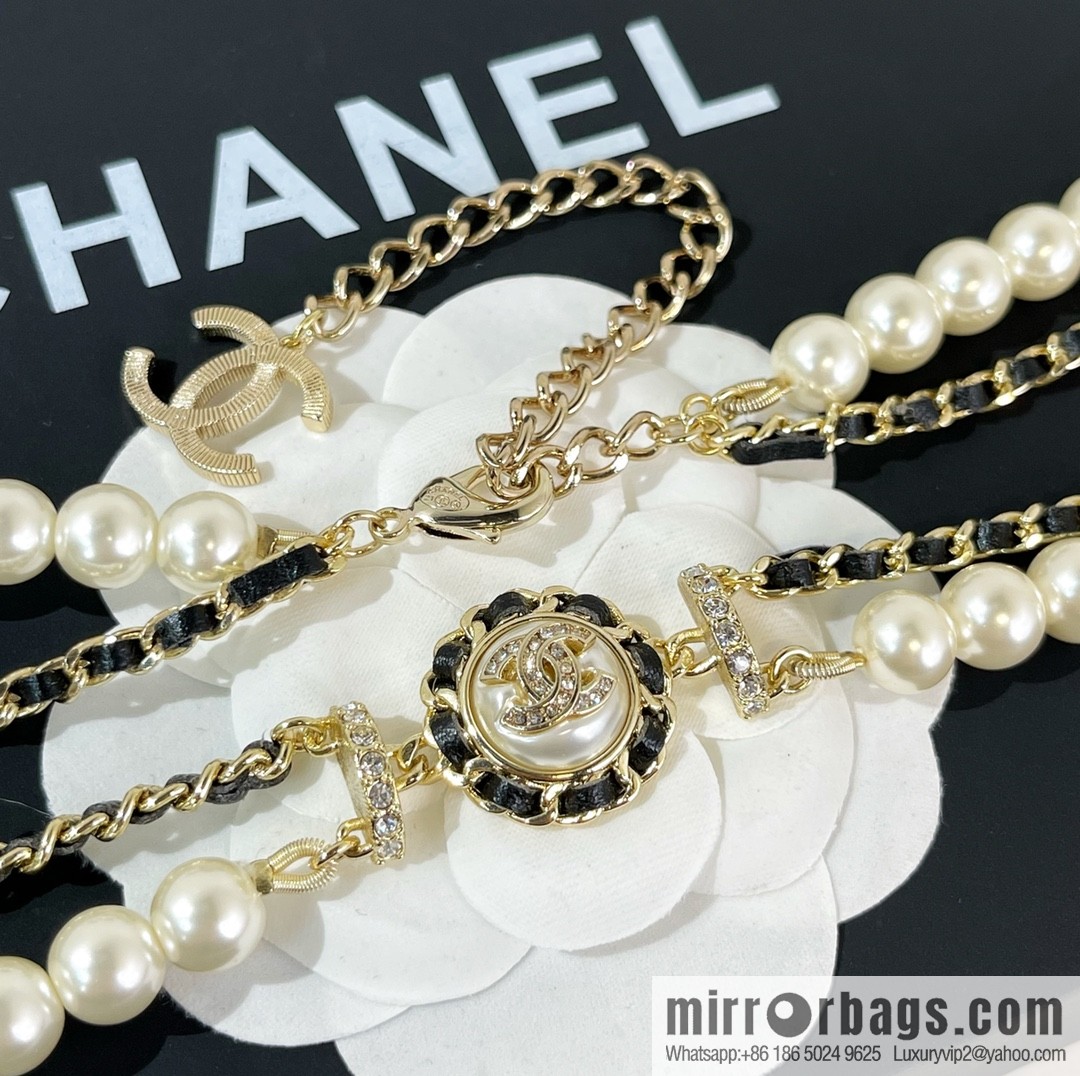 CHANEL CHANEL Double C Black Leather Rope Double Pearl Waist Chain Belt