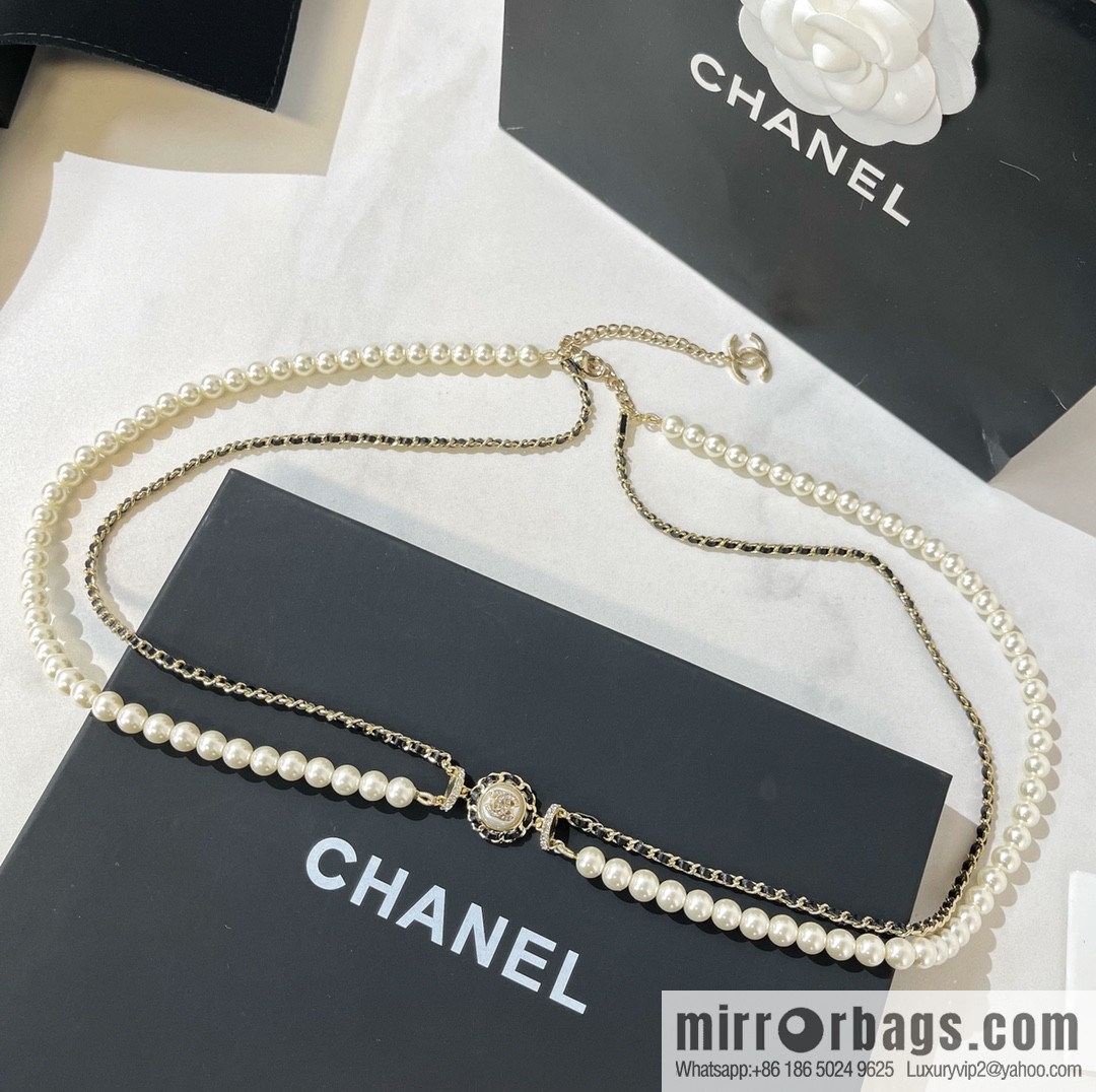 CHANEL CHANEL Double C Black Leather Rope Double Pearl Waist Chain Belt