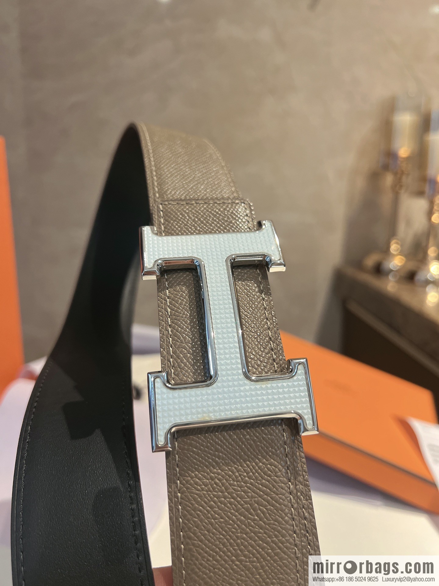 Hermes, stainless steel fiber sheet material cowhide palm texture belt men 3.8cm