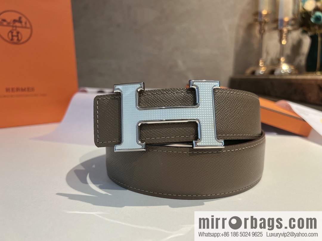 Hermes, stainless steel fiber sheet material cowhide palm texture belt men 3.8cm