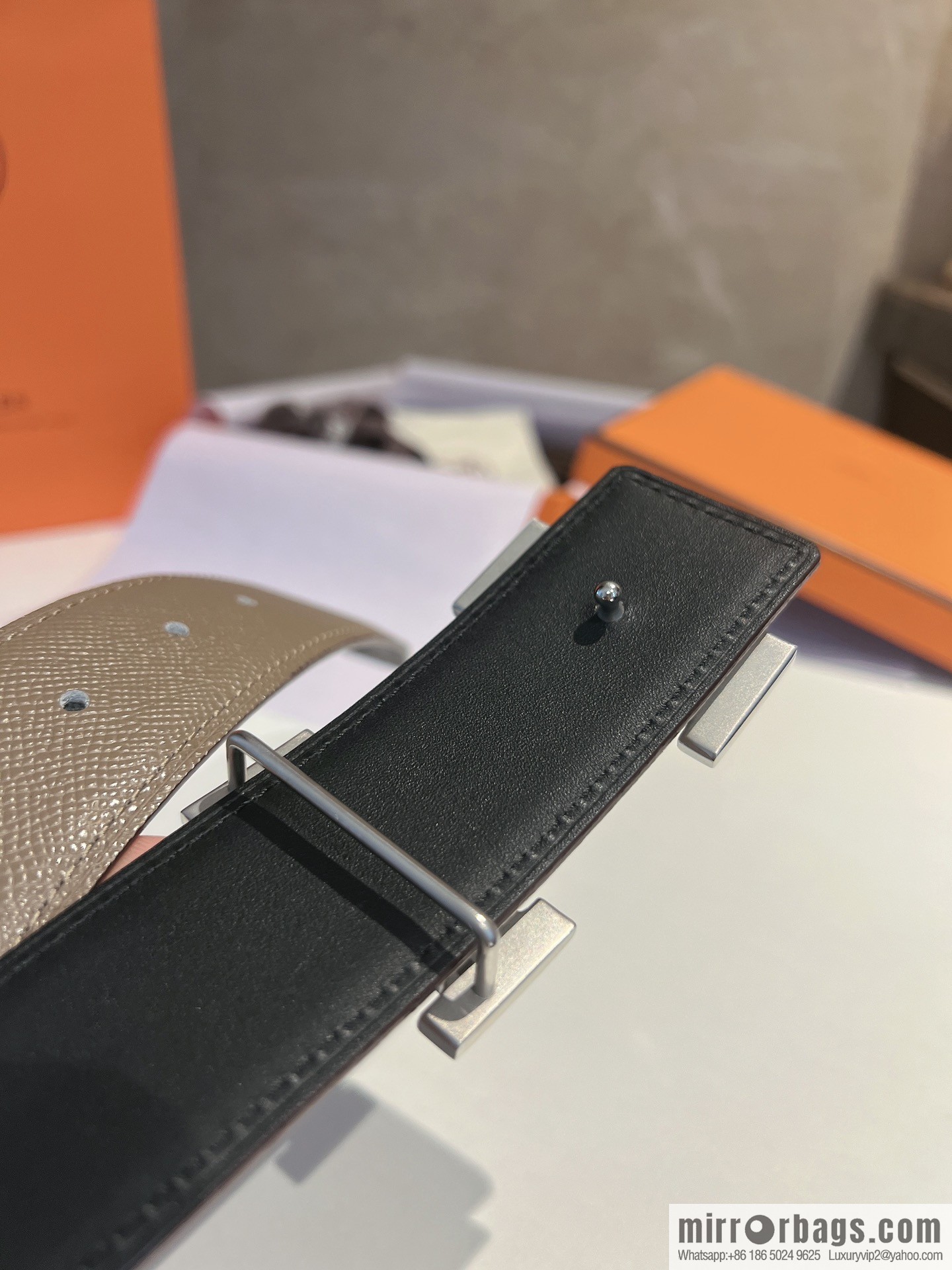 Hermes, stainless steel fiber sheet material cowhide palm texture belt men 3.8cm