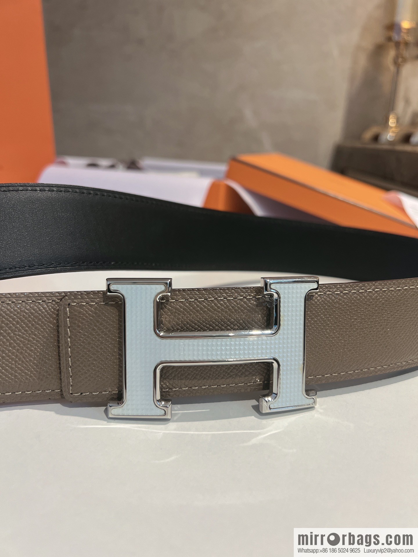 Hermes, stainless steel fiber sheet material cowhide palm texture belt men 3.8cm