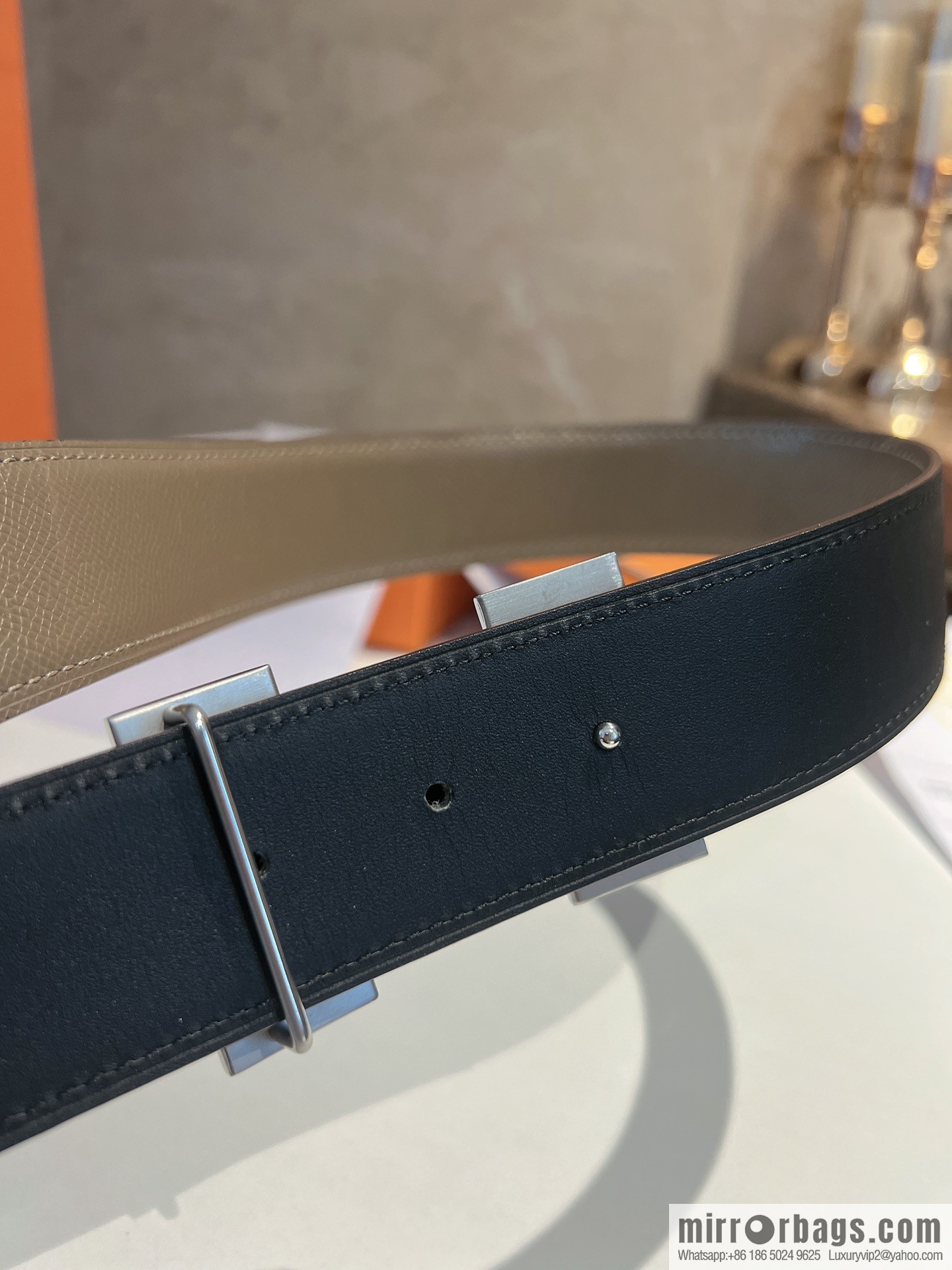 Hermes, stainless steel fiber sheet material cowhide palm texture belt men 3.8cm