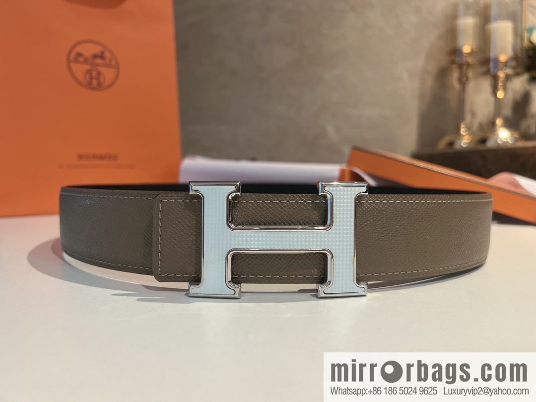 Hermes, stainless steel fiber sheet material cowhide palm texture belt men 3.8cm