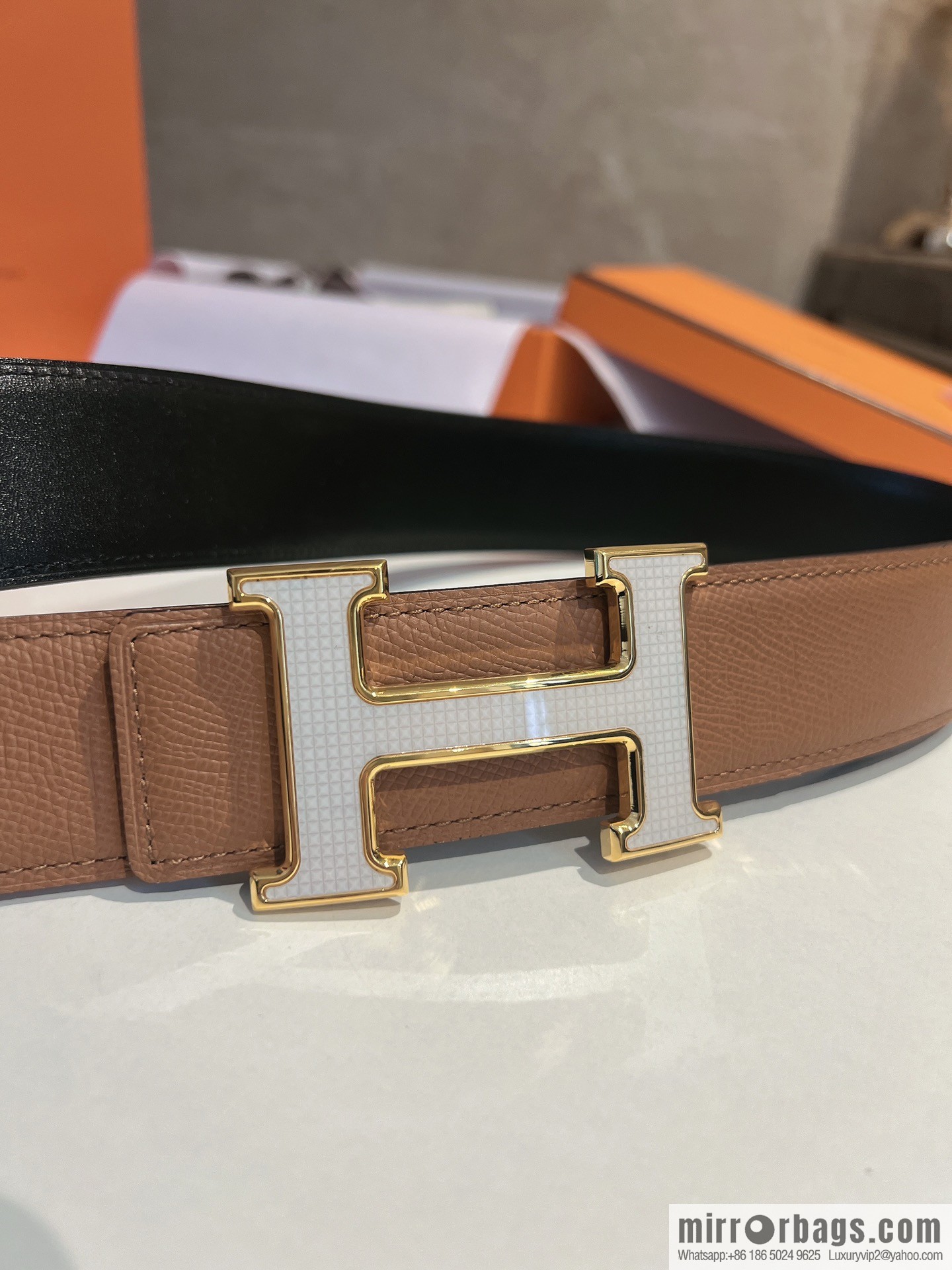 Hermes, stainless steel fiber sheet material cowhide palm texture belt men 3.8cm