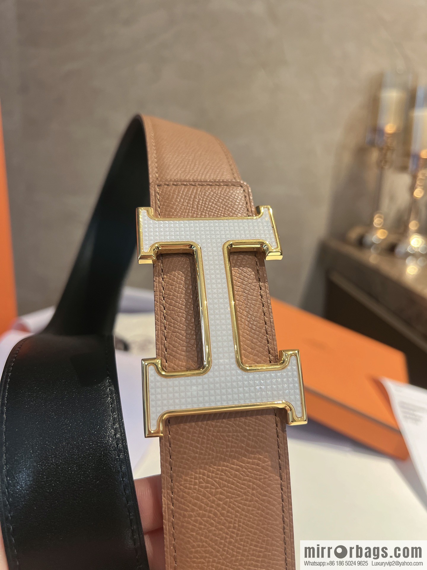 Hermes, stainless steel fiber sheet material cowhide palm texture belt men 3.8cm