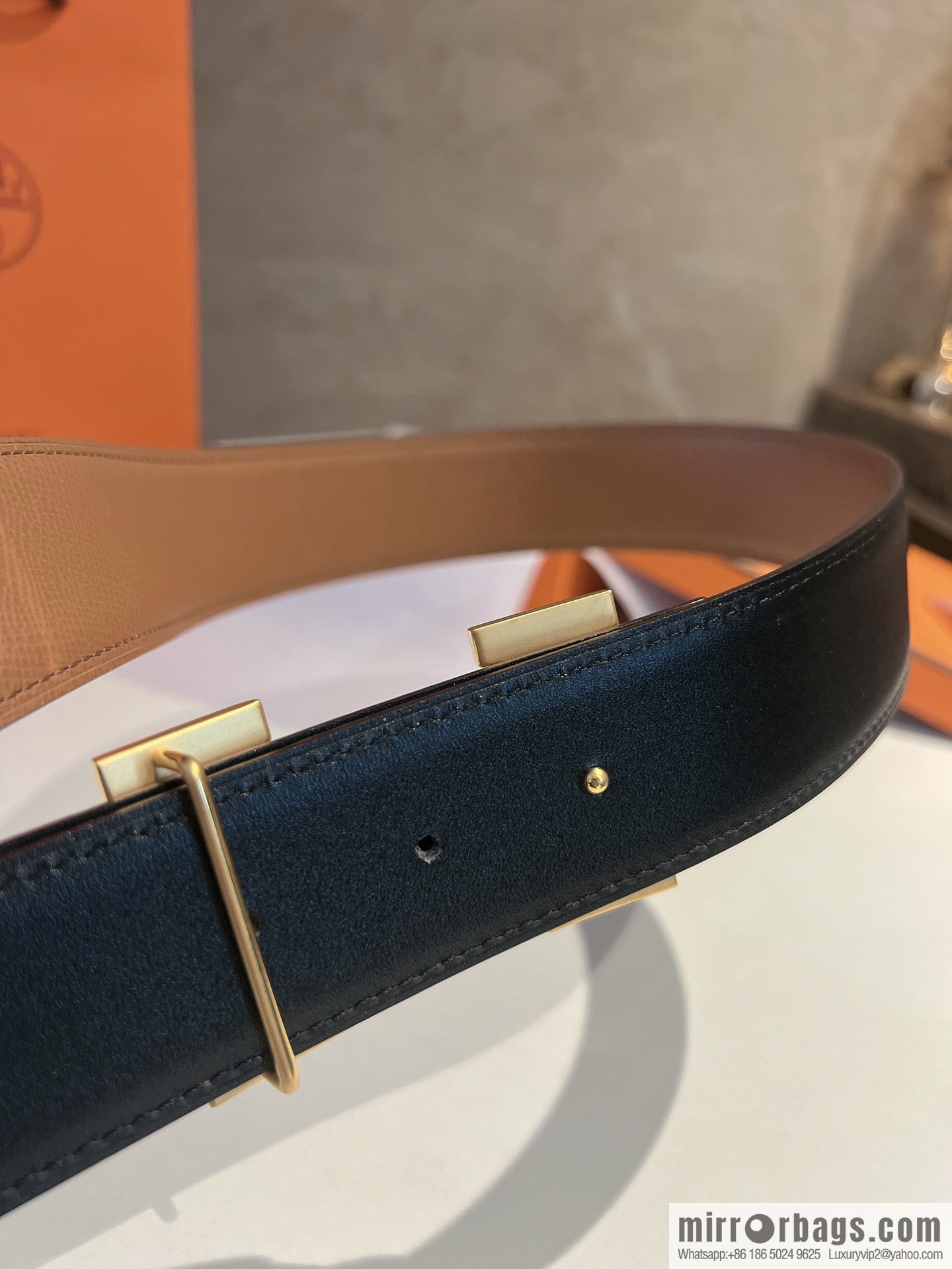 Hermes, stainless steel fiber sheet material cowhide palm texture belt men 3.8cm