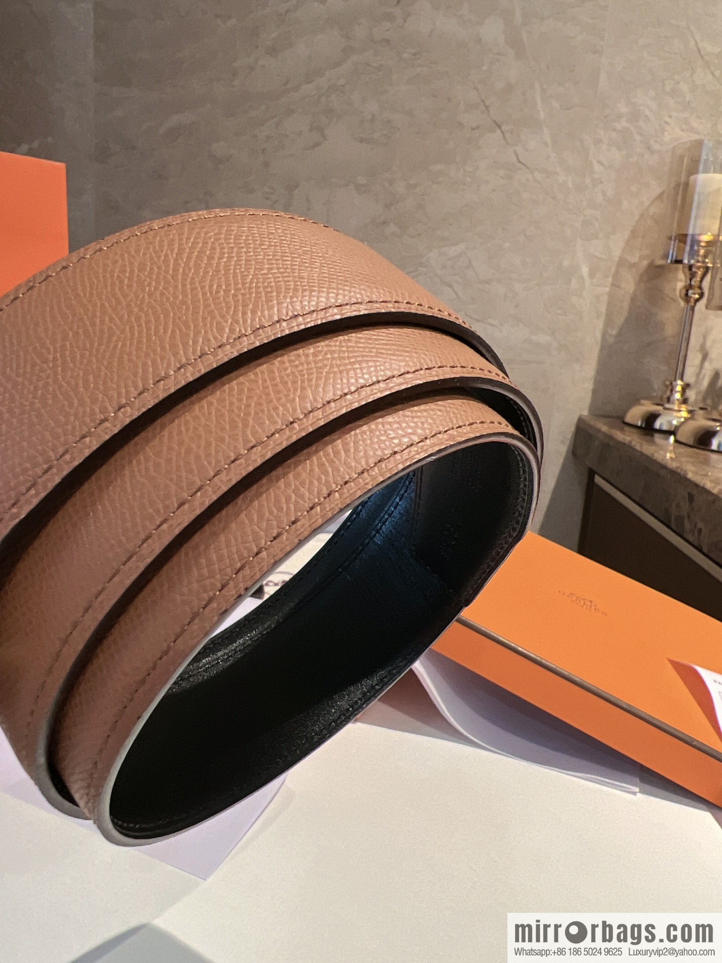 Hermes, stainless steel fiber sheet material cowhide palm texture belt men 3.8cm