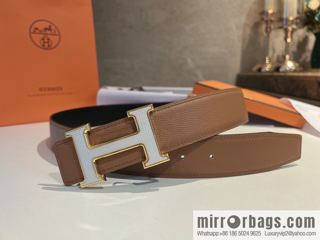 Hermes, stainless steel fiber sheet material cowhide palm texture belt men 3.8cm