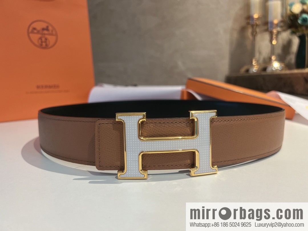 Hermes, stainless steel fiber sheet material cowhide palm texture belt men 3.8cm
