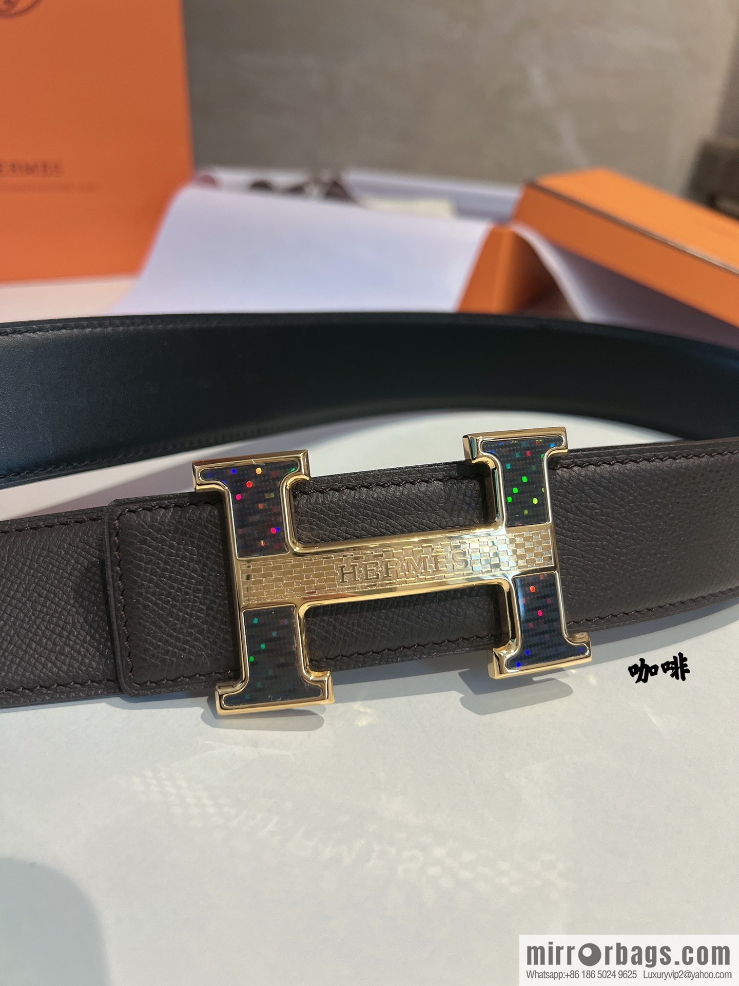 Hermes, stainless steel fiber sheet material cowhide palm texture belt men 3.8cm