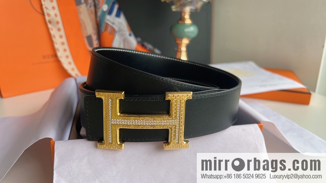 Hermes Hermes, using selected imported cowhide inlaid diamonds 3.8cm men's belt