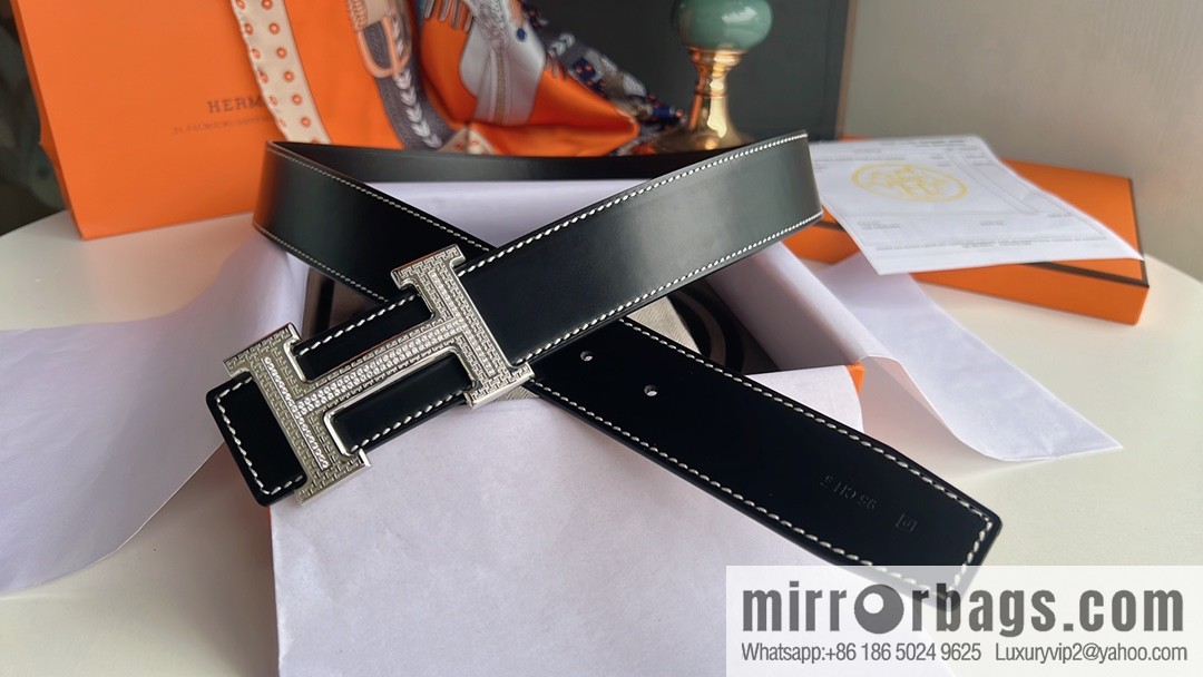 Hermes Hermes, using selected imported cowhide inlaid diamonds 3.8cm men's belt