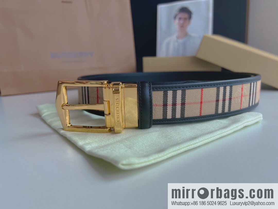 BURBERRY Burberry Italian Men's Brown Checkered Boutique Pure Copper Needle Metal Buckle Men's 3.5 Belt