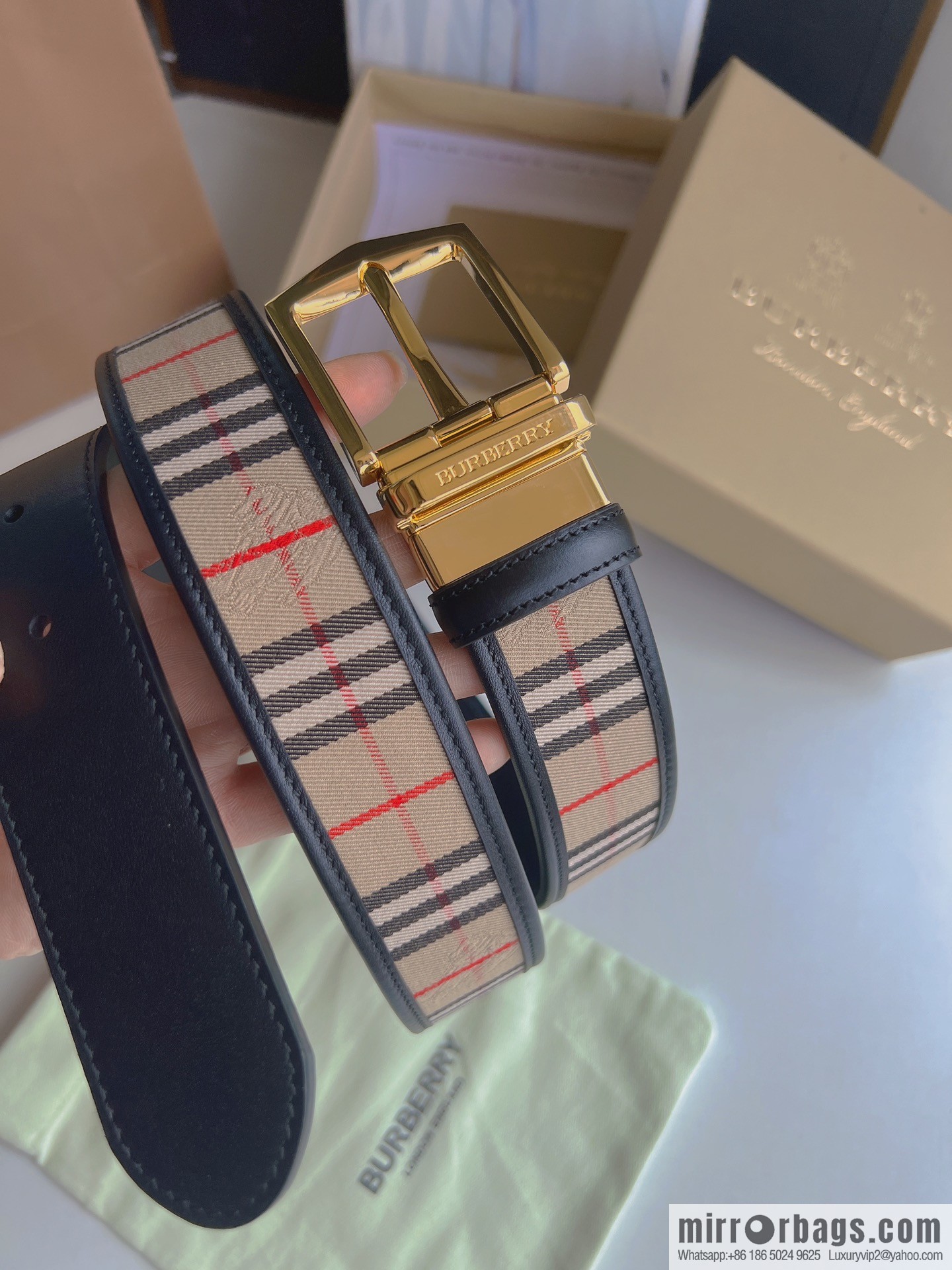 BURBERRY Burberry Italian Men's Brown Checkered Boutique Pure Copper Needle Metal Buckle Men's 3.5 Belt