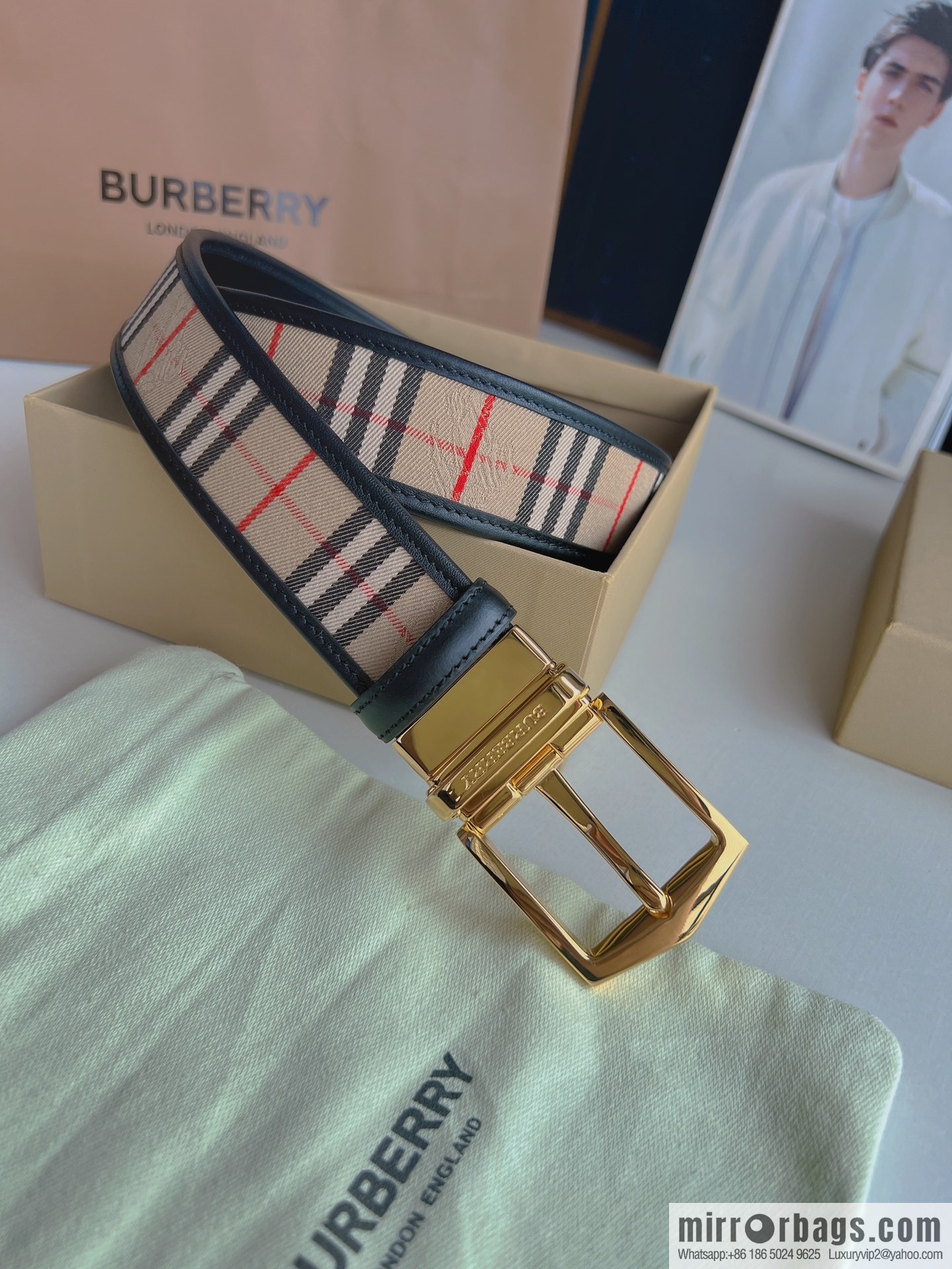 BURBERRY Burberry Italian Men's Brown Checkered Boutique Pure Copper Needle Metal Buckle Men's 3.5 Belt
