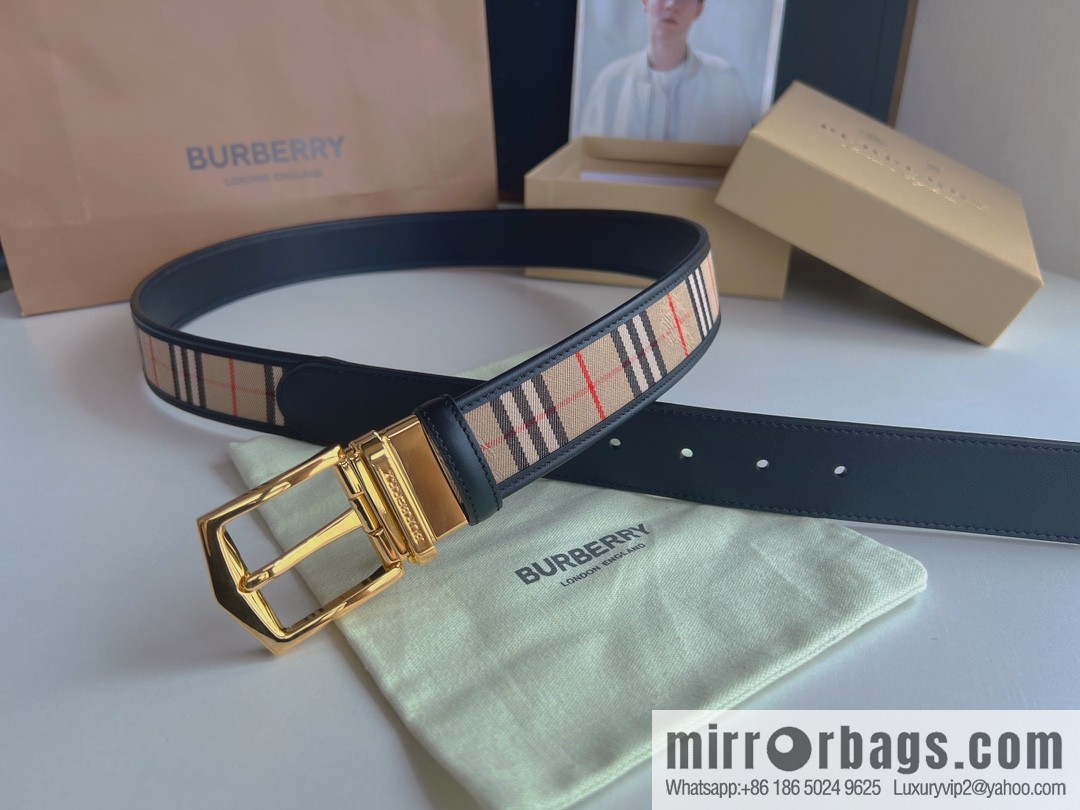 BURBERRY Burberry Italian Men's Brown Checkered Boutique Pure Copper Needle Metal Buckle Men's 3.5 Belt
