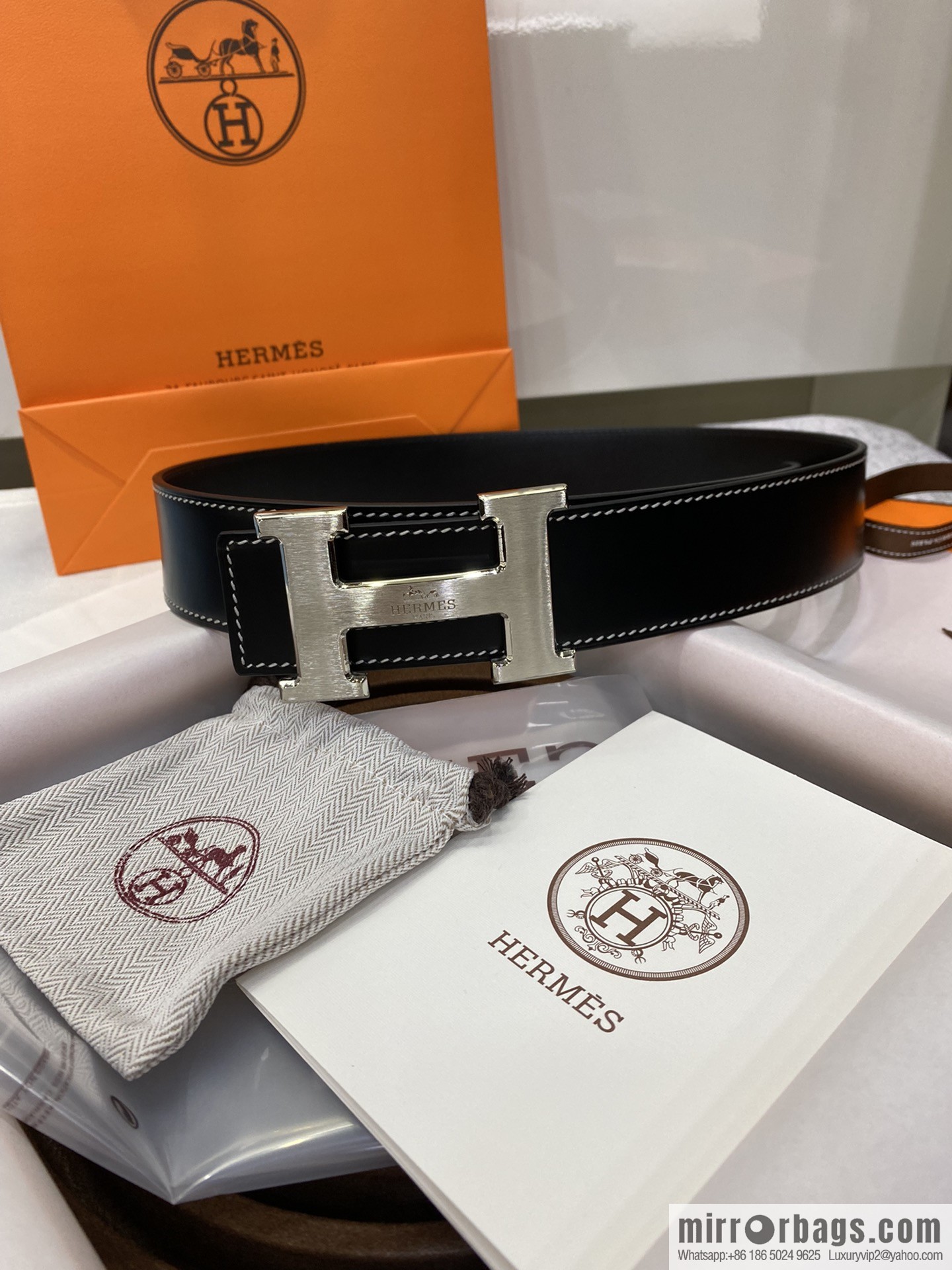Hermès, stainless steel horse-drawn carriage micro-welding process button head buckle, double-sided delicate cowhide belt