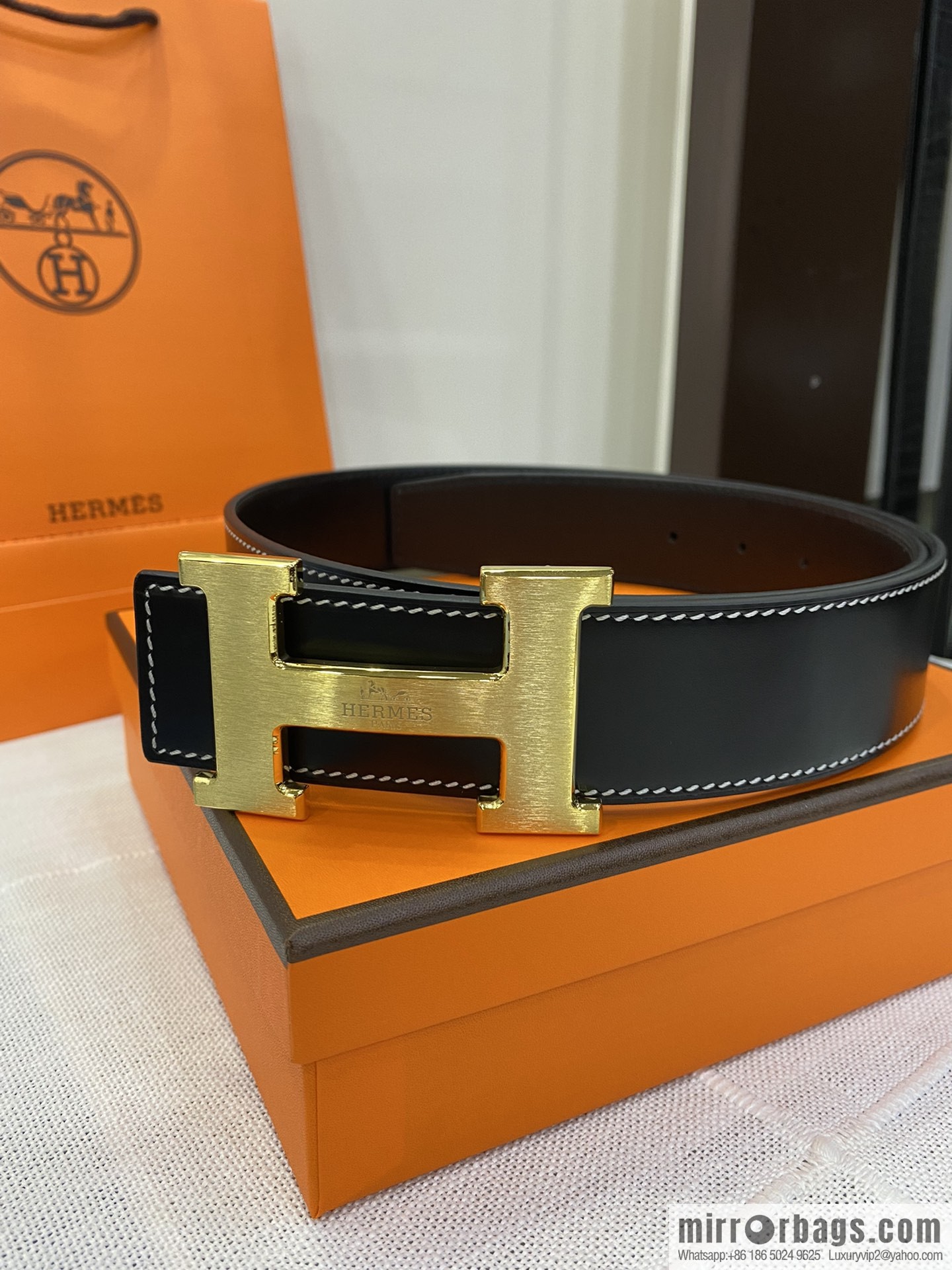 Hermès, stainless steel horse-drawn carriage micro-welding process button head buckle, double-sided delicate cowhide belt
