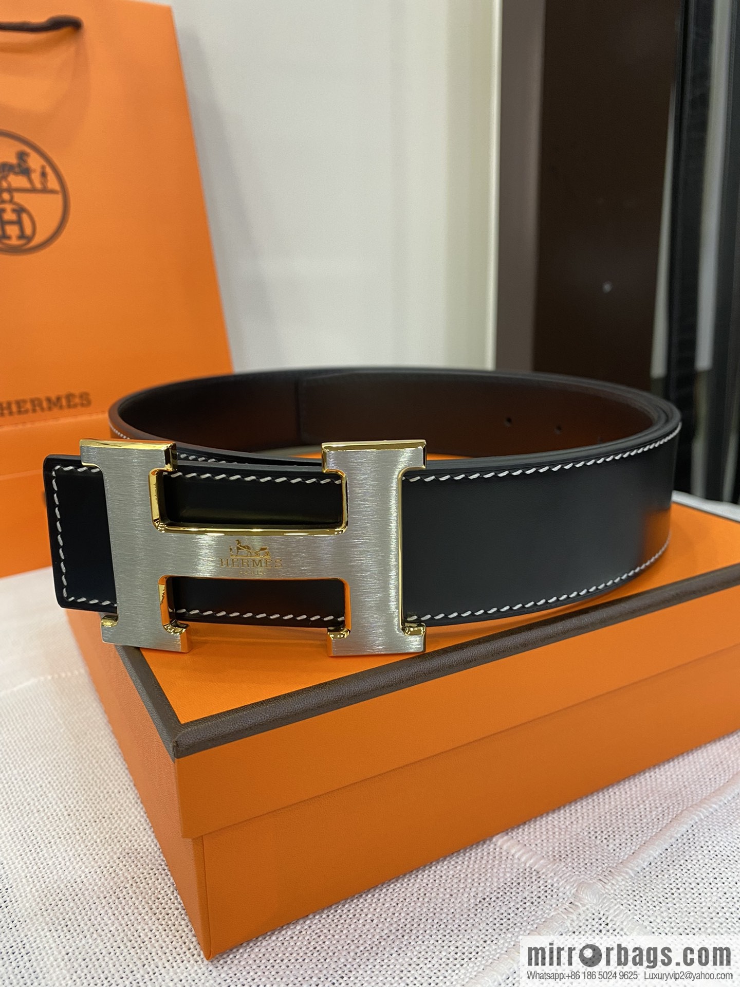 Hermès, stainless steel horse-drawn carriage micro-welding process button head buckle, double-sided delicate cowhide belt