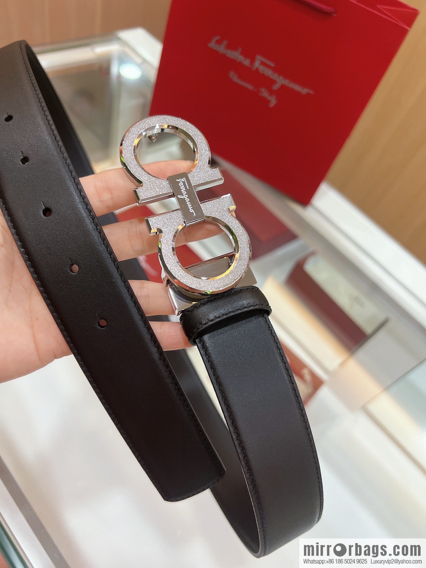 Ferragamo Ferragamo, Stainless Steel Rolling Grit Metal Buckle Men's 3.5cm Belt