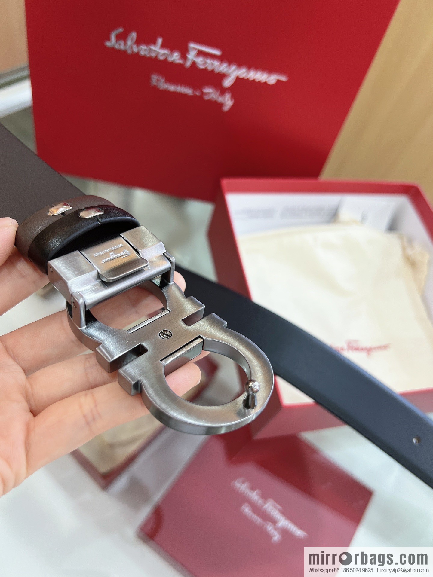 Salvatore Ferragamo Exquisite Counter Version Double Circle Horseshoe Metal Buckle 3.5cm Men's Belt