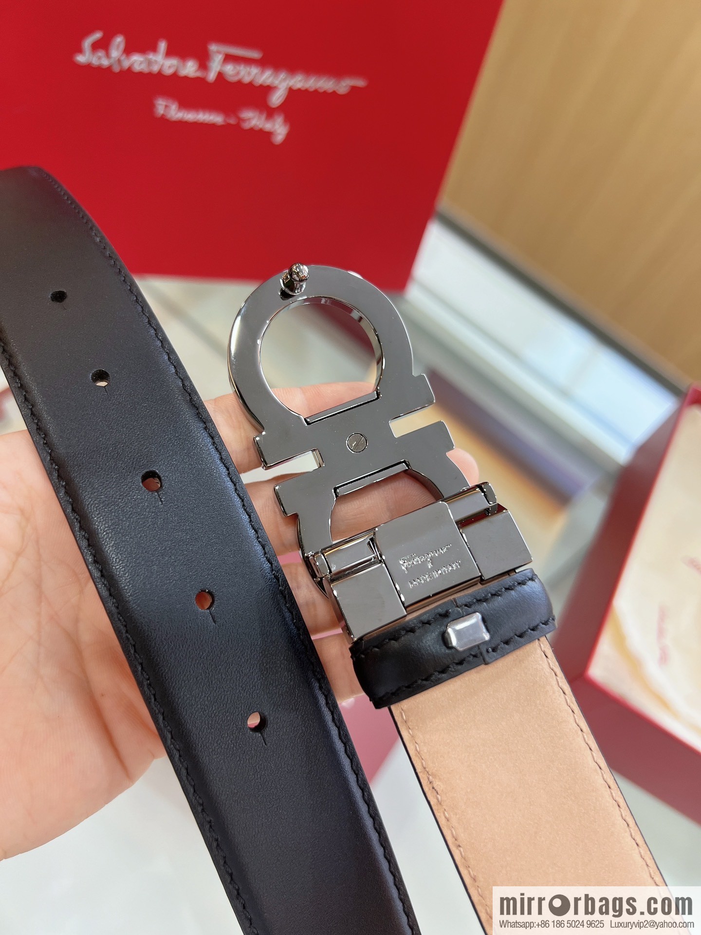 Salvatore Ferragamo Exquisite Counter Version Double Circle Horseshoe Metal Buckle Men's 3.5cm Belt