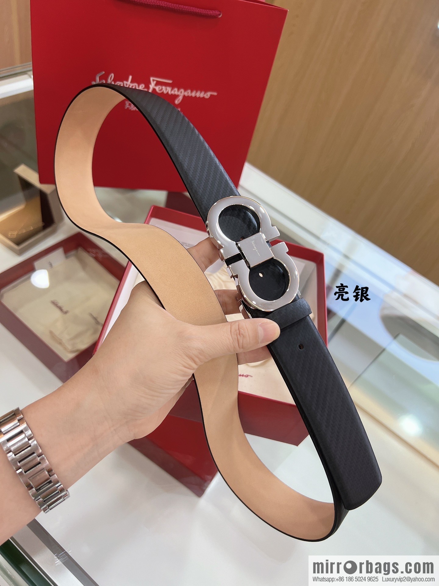 Salvatore Ferragamo Exquisite Counter Version Double Circle Horseshoe Metal Buckle Men's 3.5cm Belt