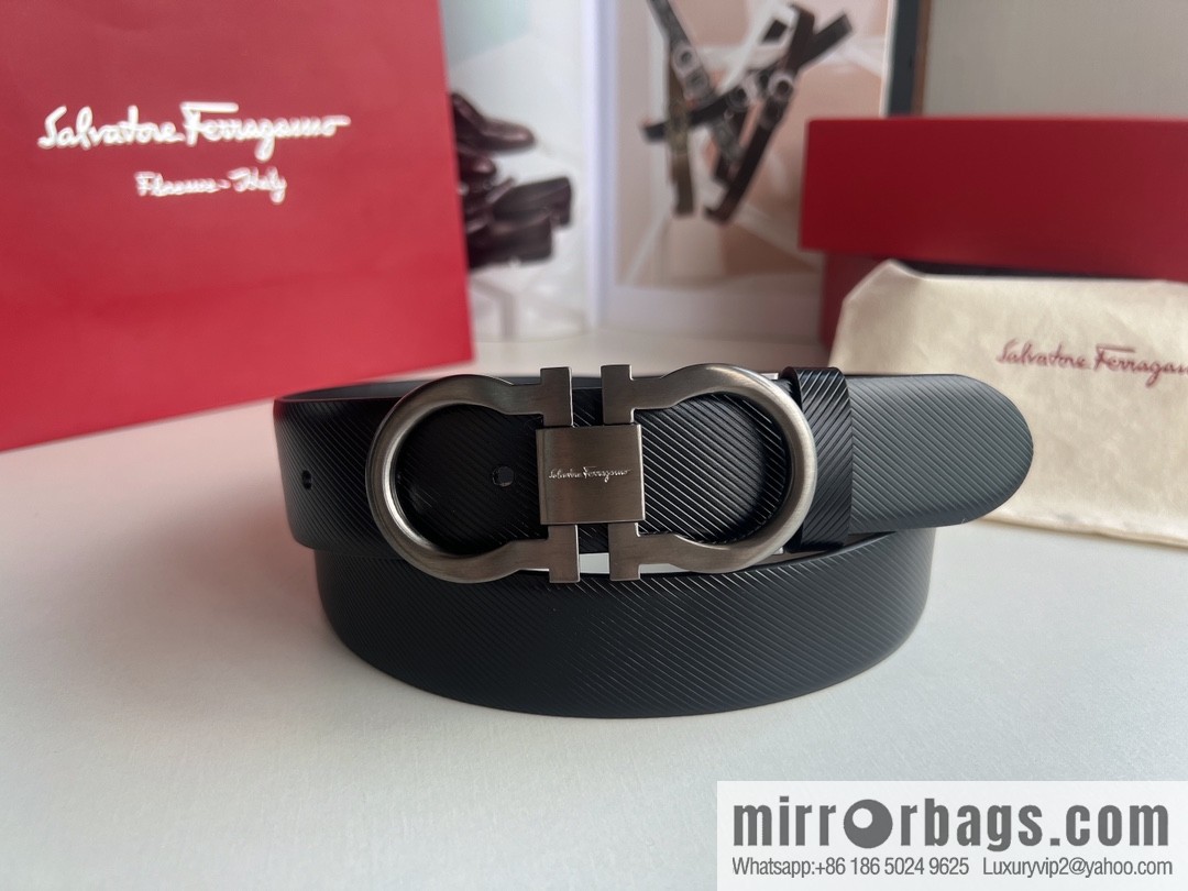 Ferragamo Ferragamo, Cowhide Embossed Gancini Metal Buckle Men's 3.5cm Belt