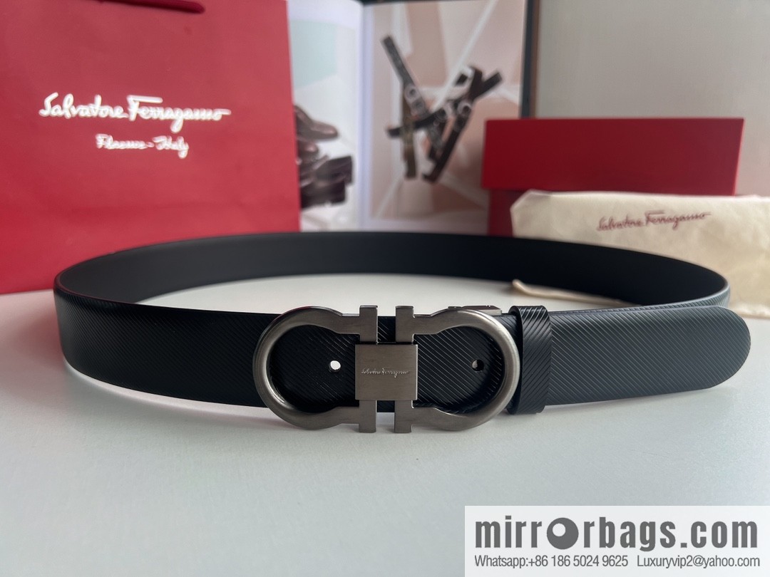 Ferragamo Ferragamo, Cowhide Embossed Gancini Metal Buckle Men's 3.5cm Belt