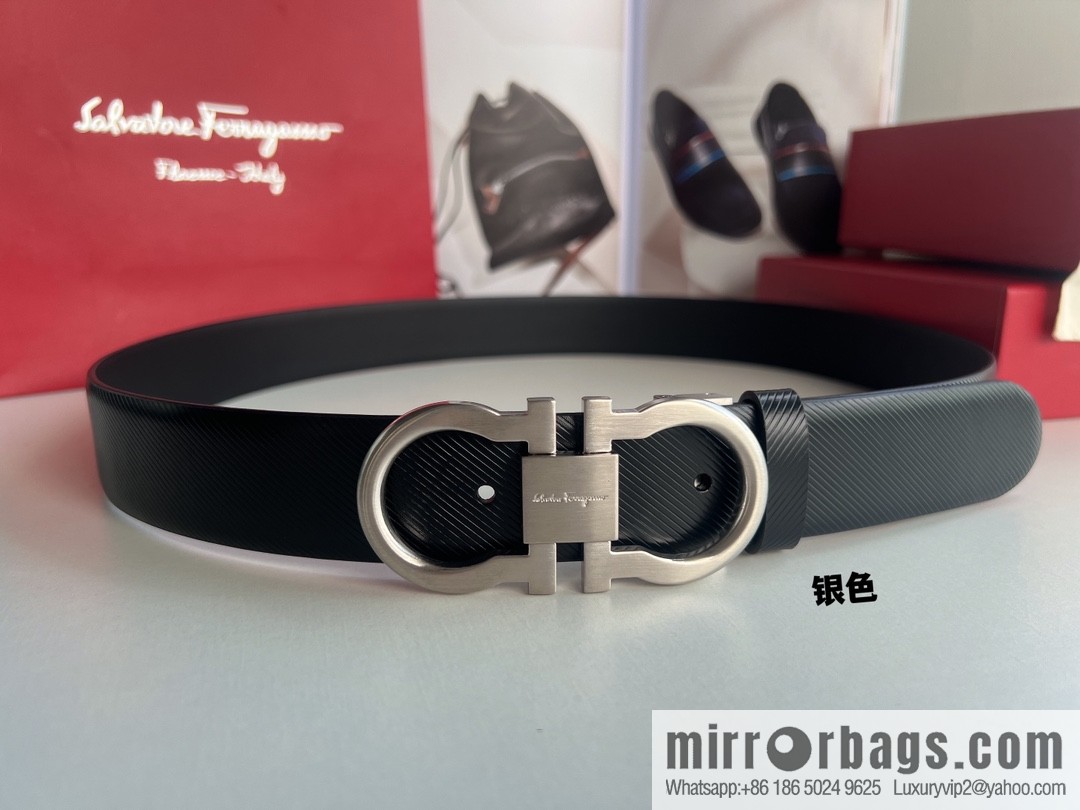 Ferragamo Ferragamo, Cowhide Embossed Gancini Metal Buckle Men's 3.5cm Belt