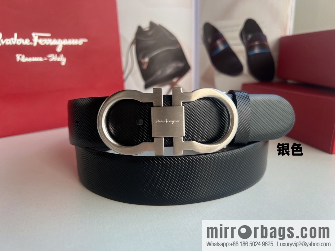 Ferragamo Ferragamo, Cowhide Embossed Gancini Metal Buckle Men's 3.5cm Belt