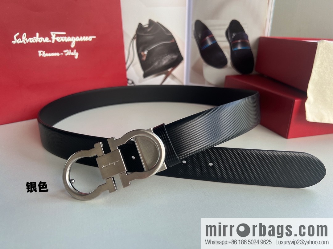 Ferragamo Ferragamo, Cowhide Embossed Gancini Metal Buckle Men's 3.5cm Belt