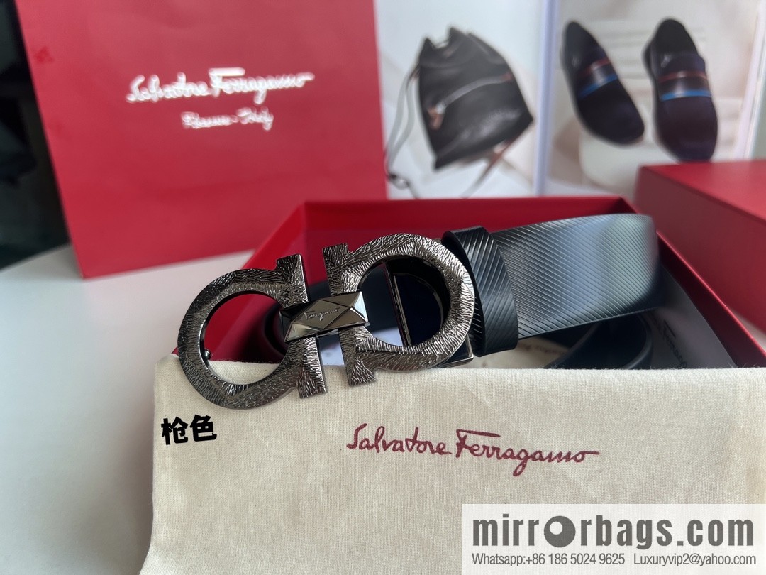 Ferragamo Ferragamo, first layer cowhide embossed pattern Gancini pattern metal buckle men's 3.5cm belt