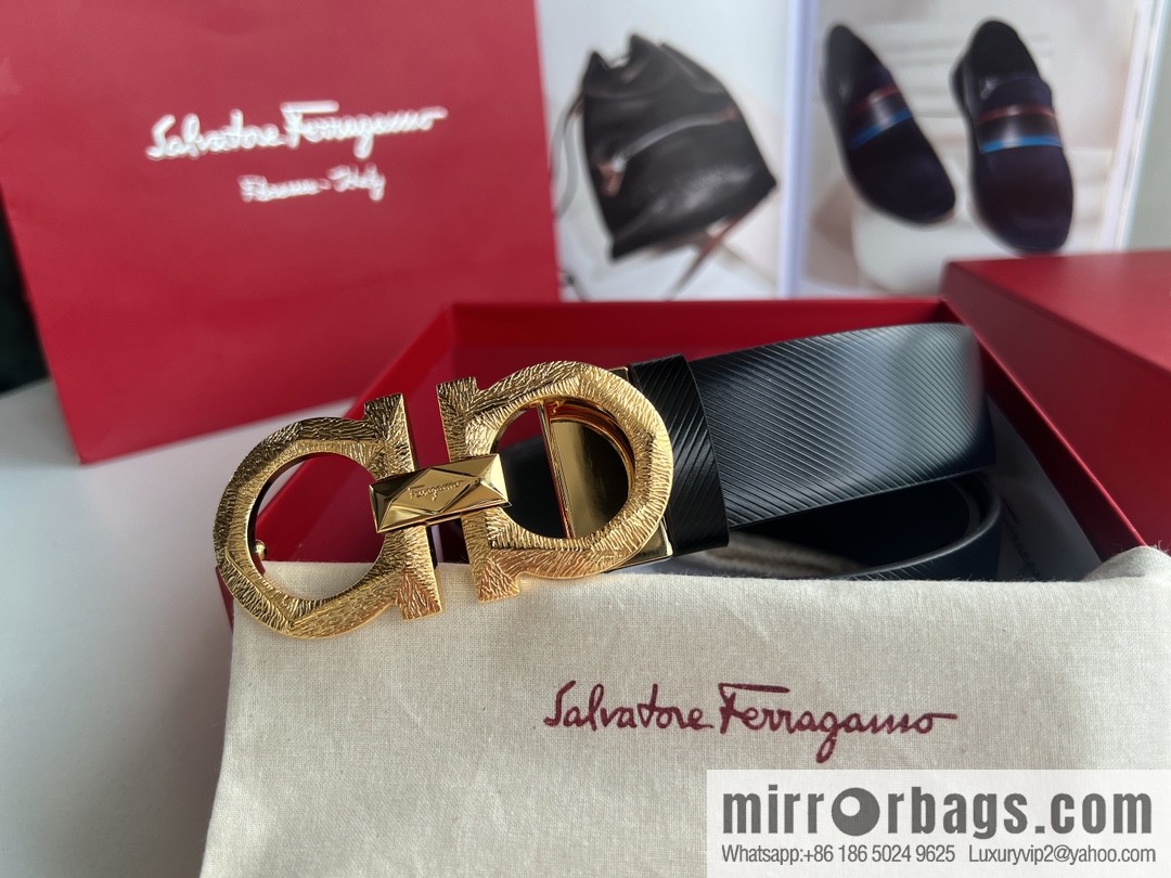 Ferragamo Ferragamo, first layer cowhide embossed pattern Gancini pattern metal buckle men's 3.5cm belt