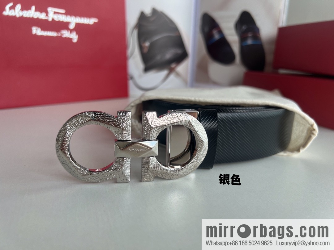 Ferragamo Ferragamo, first layer cowhide embossed pattern Gancini pattern metal buckle men's 3.5cm belt