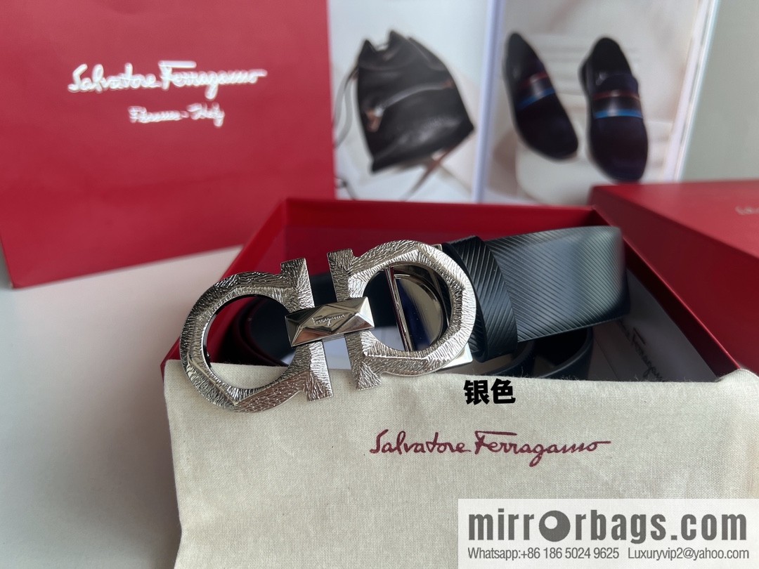 Ferragamo Ferragamo, first layer cowhide embossed pattern Gancini pattern metal buckle men's 3.5cm belt