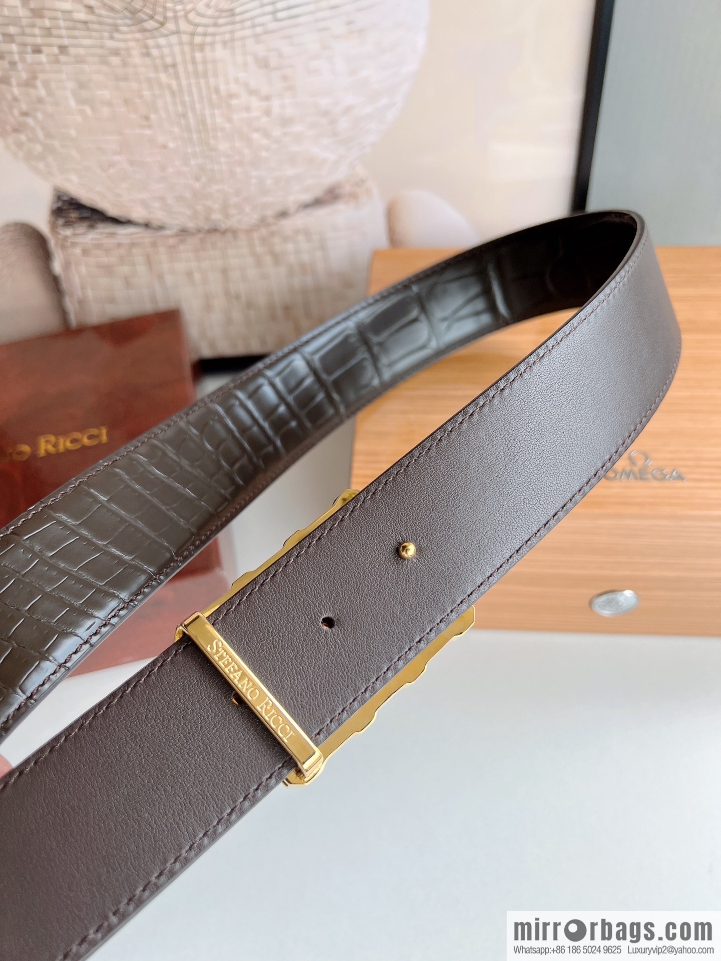 STEFANO RICCI Stephen Raunich counter version stainless steel hollow inner buckle, 3.8cm first layer cowhide imitation crocodile leather belt