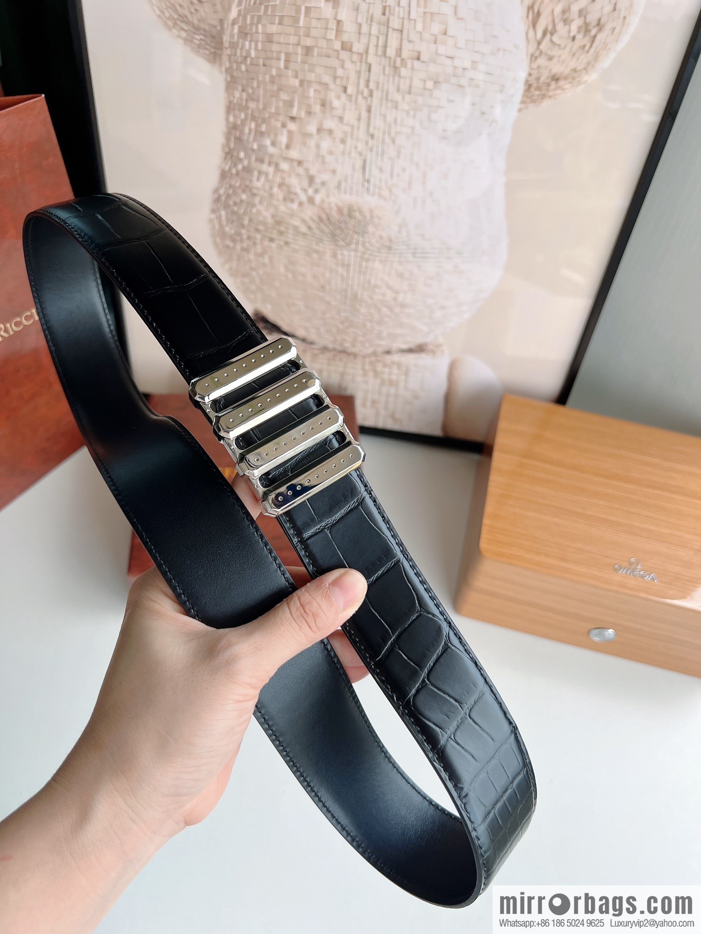 STEFANO RICCI Stephen Raunich counter version stainless steel hollow inner buckle, 3.8cm first layer cowhide imitation crocodile leather belt